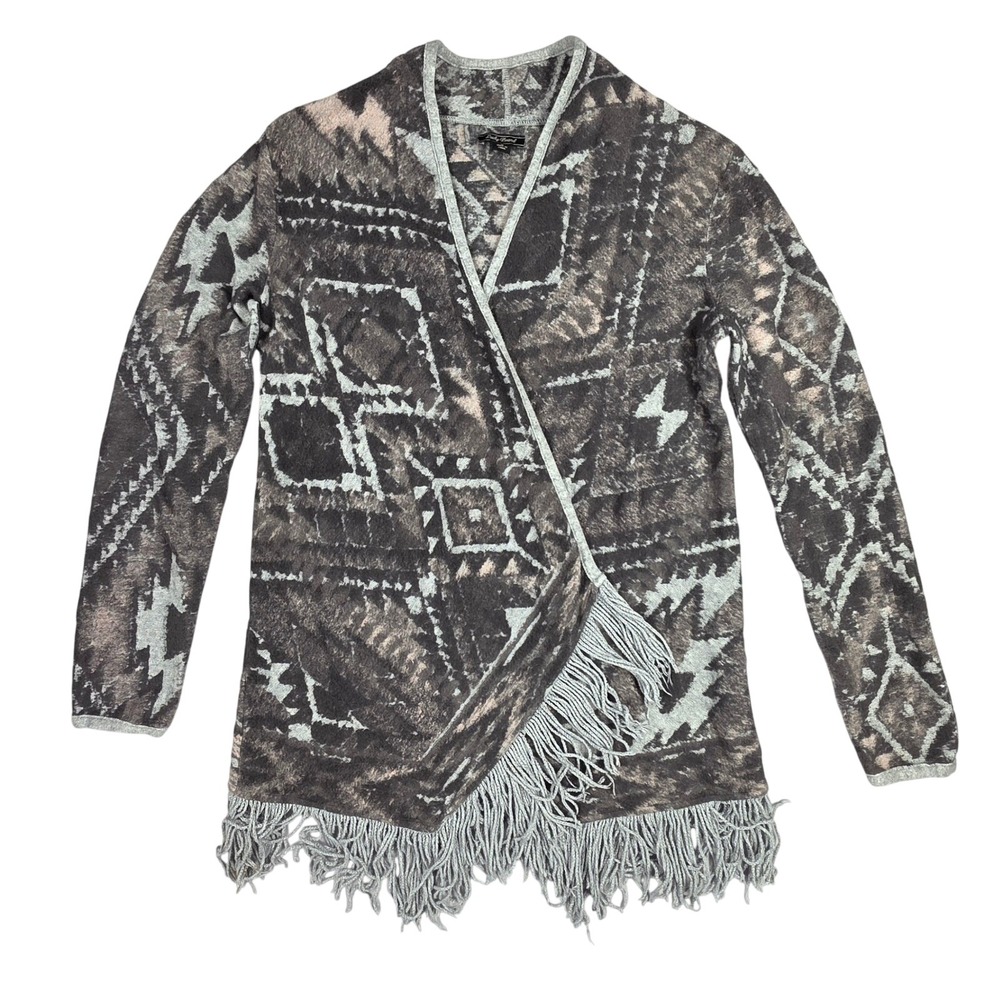 Lucky Brand Gray Southwestern Fringe Open Front Cardigan Sweater Small
